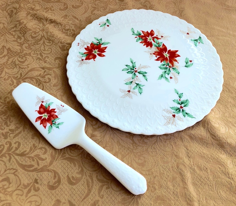 Vintage Mikasa Bone China Embossed Poinsettia Cake Plate and Server Set Free U.S MINT CONDITION GORGEOUS Shipping!