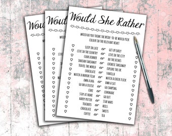 Instant Download - Printable Bridal Shower Hen Party Game - Would She Rather