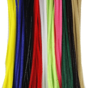 May include: A bundle of colorful pipe cleaners in various shades, including yellow, blue, black, red, white, green, pink, dark green, brown, and tan. These craft supplies are made of fuzzy, bendable wire, perfect for arts and crafts projects.