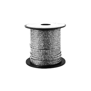 May include: A spool of silver-colored, textured cord. The cord is tightly wound around a black plastic spool. The top and bottom of the spool are also black. The cord appears to be made of a metallic material.
