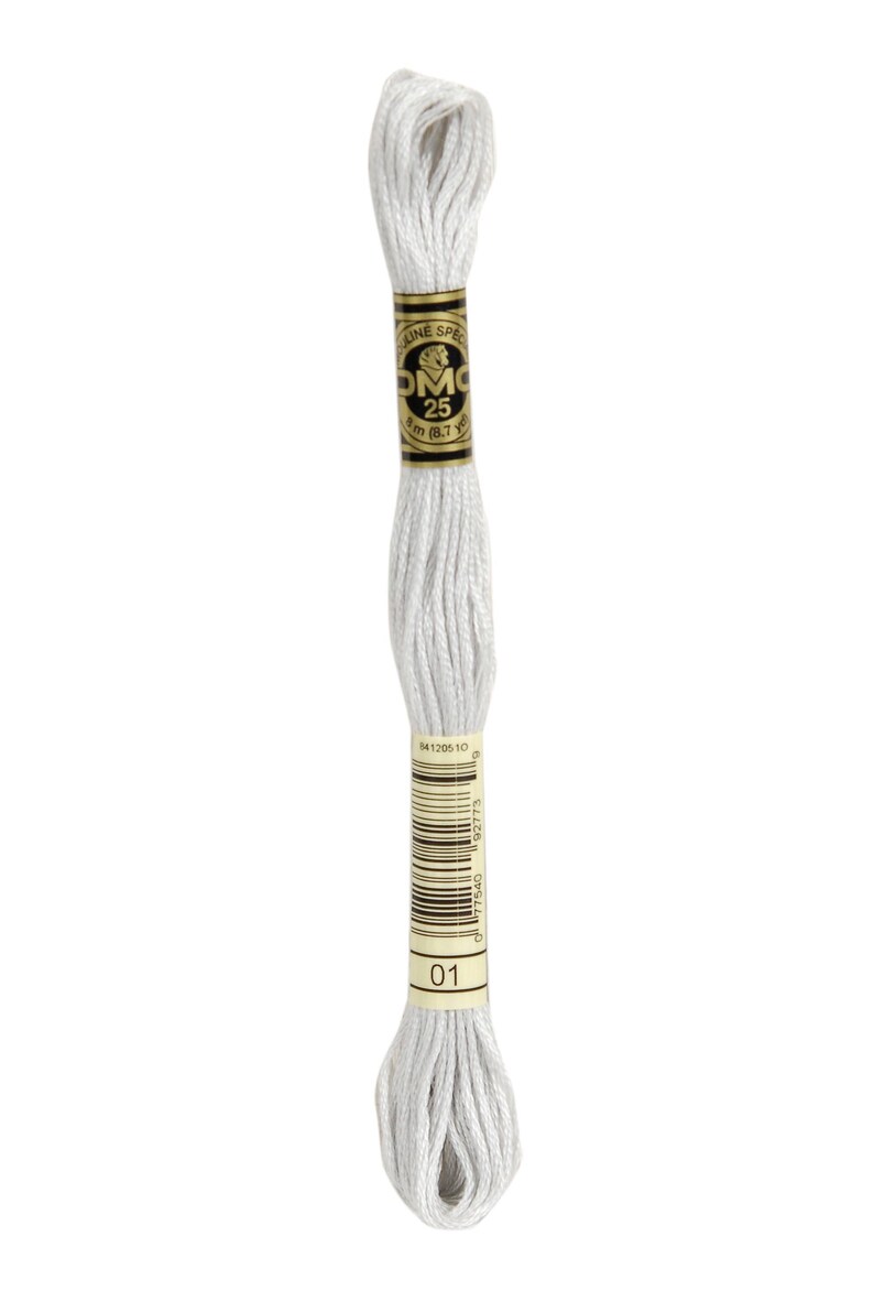May include: A white DMC embroidery floss skein with a gold label that reads "DMC 25 8m (8.7 Yds)" and a barcode. The skein is labeled with the number "01".