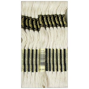 May include: A package of ecru-colored embroidery floss. The floss is neatly arranged in a rectangular box. Each spool is labeled with black and gold text, and a barcode is visible. The floss is a creamy off-white color.