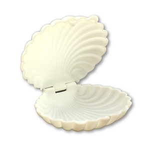 May include: A white seashell with a hinged opening. The shell is smooth and has a textured, ribbed pattern.