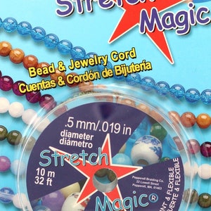 May include: A spool of clear stretch magic bead and jewelry cord. The cord is 10 meters (32 feet) long and has a diameter of 0.5 mm (0.019 inches). The packaging features a red star with the words "Stretch Magic" and "Strong & Stretchy/Resistant & Flexible".