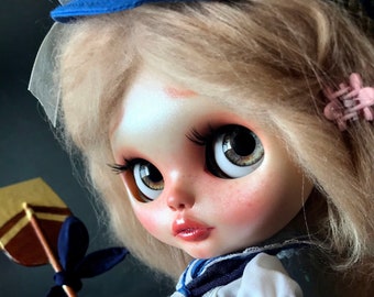 OOAK Custom Blythe doll, a sailor doll with mohair blonde curly hair, Blythe custom art doll, Blythe ooak custom Blythe custom doll for sale