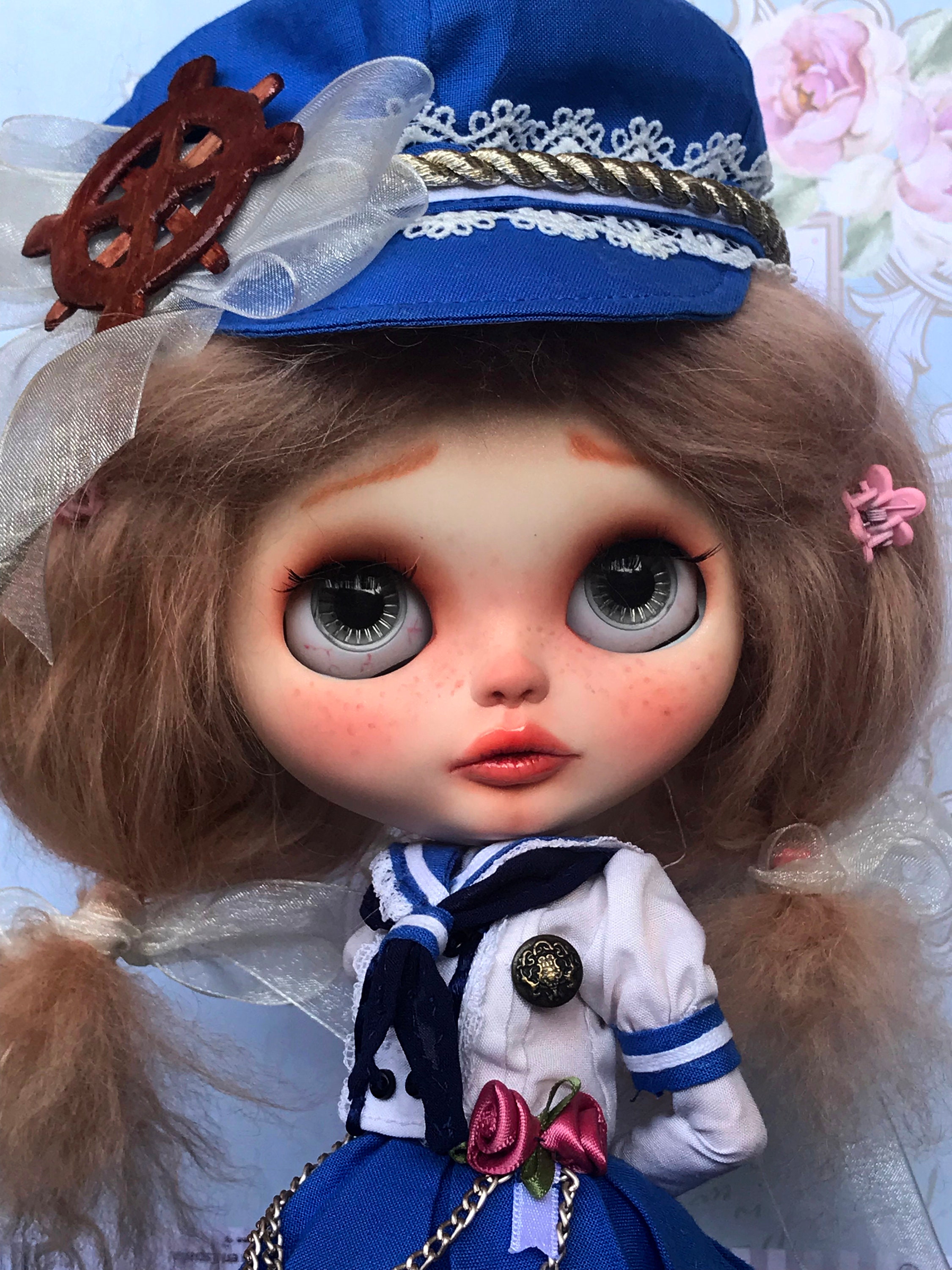 OOAK Custom Blythe Doll, a Sailor Doll With Mohair Blonde Curly Hair