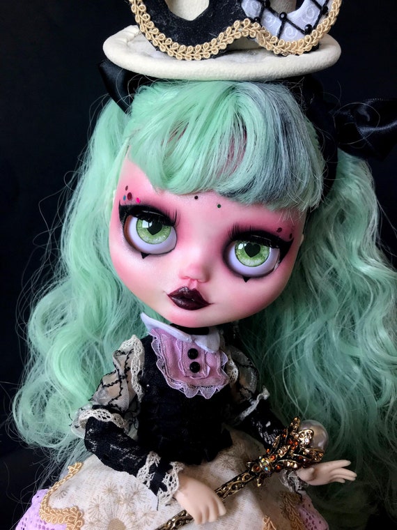 OOAK Custom Blythe Doll, Green Hair, Scepter & Mask Hat