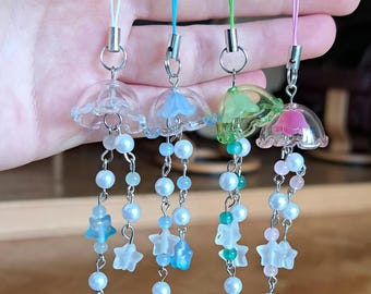 Super Cute Jellyfish Handmade Phone Charm, Beaded Keyring, Keychain available in Blue, Pink, Green or White