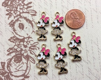 10 MINNIE MOUSE CHARMS//PENDANTS-ENAMEL//METAL-JEWELLERY//KEYRINGS-3CM-BLUE BOW