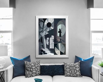 Kaleidoscope Contemplation: Multifaceted Art Piece with Woman and Windows - Perfect for Thoughtful Spaces - Digital Download