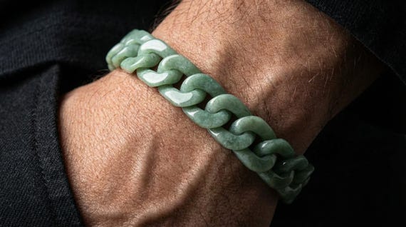 Natural Jade Cuban Link Chain Bracelet or Necklace | Icy Green & Blue Water Jadeite | Titanium Steel Hip Hop Jewelry | Unisex Gift