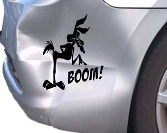 Dent Fix Car Decal Funny Cartoon Coyote Boom Splat Hitting Wall Door Cars Laptop Truck Bumper Window Decal Bandaid car Stickers for Women