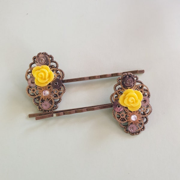 Barrettes, epingles ,tiges cheveux steampunk rose jaune