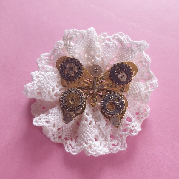 Broche papillon fleur steampunk