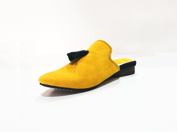 yellow suede mules