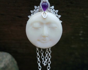 Mother Moon and Amethyst Sterling Silver Wire Wrapped Pendant Necklace