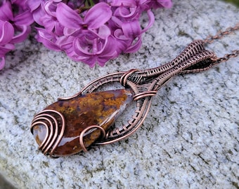 Moss Agate Wire Wrapped Pendant in Antiqued Copper