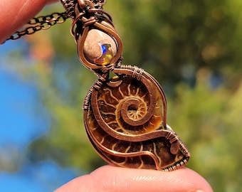 Ammonite and Mexican Cantera Opal Wire Wrapped Pendant in Antiqued Copper