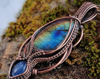 Rainbow Labradorite and Kyanite Wire Wrapped Pendant Necklace