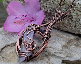 Raw Kunzite and Faceted Amethyst Wire Wrapped Pendant in Antiqued Copper
