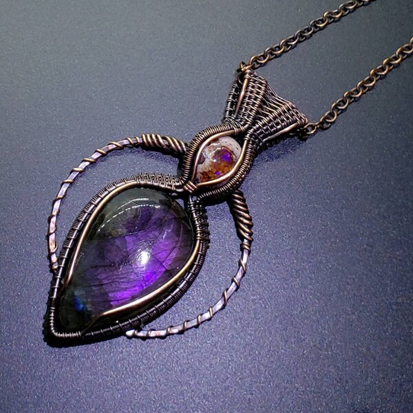 Purple Labradorite and Cantera Opal Wire Wrapped Pendant in Antiqued Copper