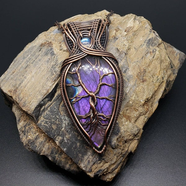 Purple Labradorite Tree of Life Wire Wrapped Pendant with Rainbow Moonstone Accent in Antiqued Copper