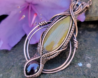 Mara Mamba Tiger's Eye and Star Ruby Wire Wrapped Pendant in Antiqued Copper