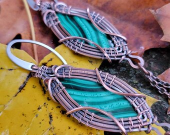 Wire Wrapped Malachite Feather Earrings in Antiqued Copper