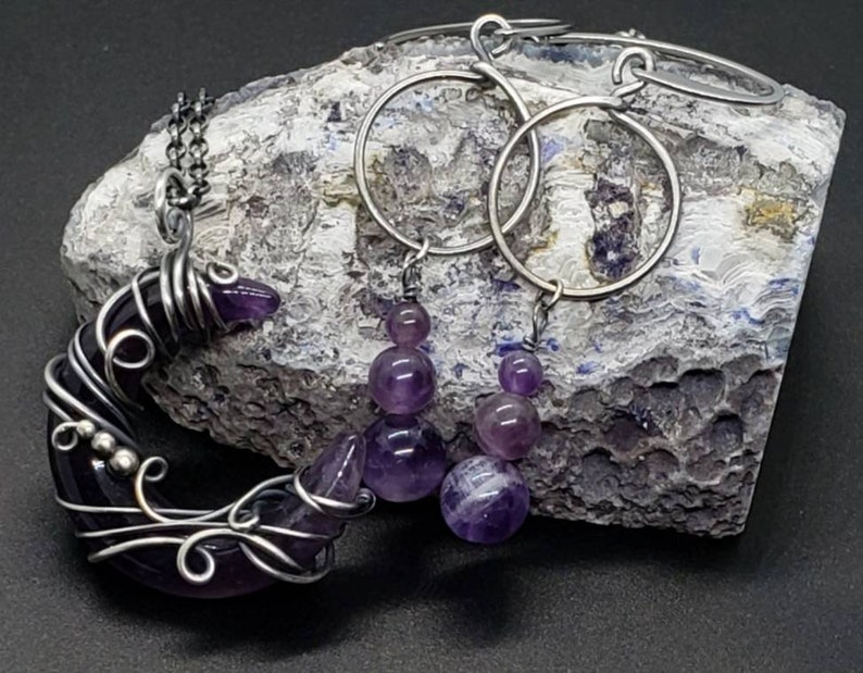 Amethyst Jewelry Gift Set Amethyst Crescent Moon Wire Wrapped Pendant in Antiqued Sterling Silver with Matching Sterling Amethyst Earrings