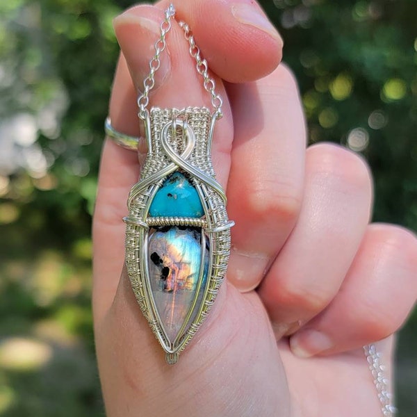 Rainbow Moonstone and Turquoise Wire Wrapped Pendant in Sterling Silver