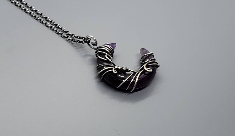 Amethyst Jewelry Gift Set Amethyst Crescent Moon Wire Wrapped Pendant in Antiqued Sterling Silver with Matching Sterling Amethyst Earrings
