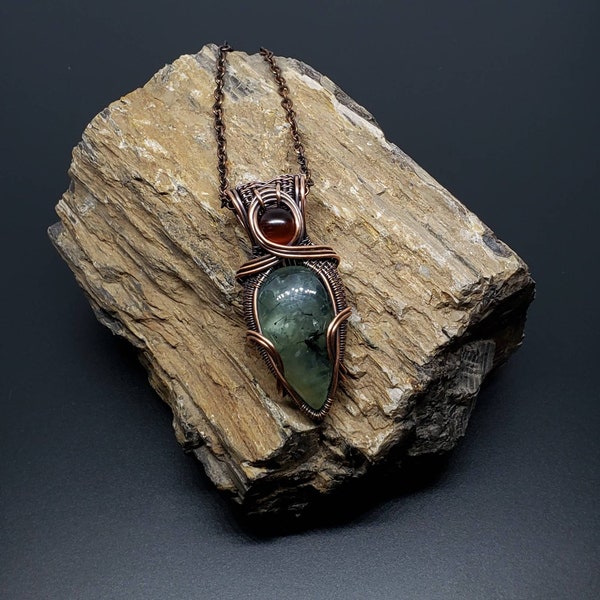 Prehnite and Baltic Amber Wire Wrapped Pendant in Antiqued Copper