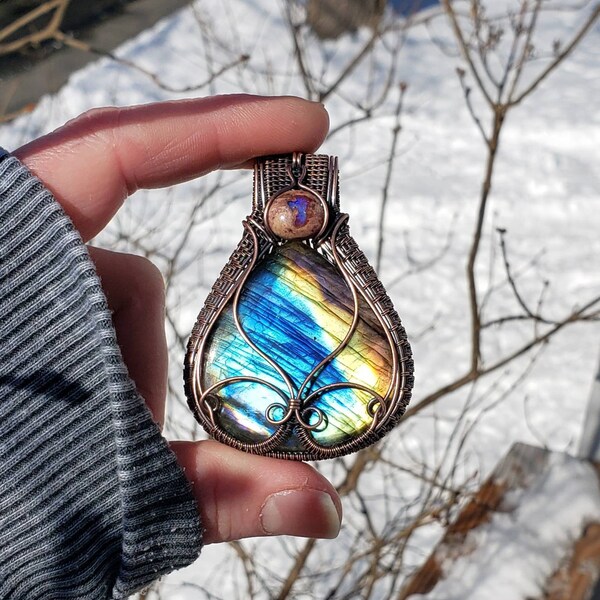 Bright and Flashy Rainbow Labradorite and Cantera Opal Wire Wrapped Pendant in Antiqued Copper