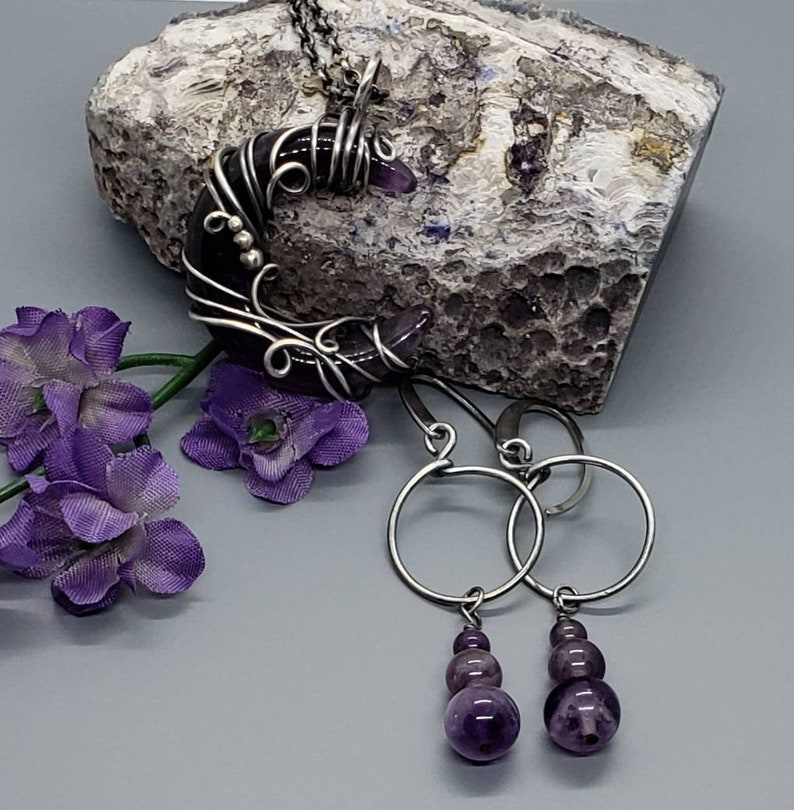 Amethyst Jewelry Gift Set Amethyst Crescent Moon Wire Wrapped Pendant in Antiqued Sterling Silver with Matching Sterling Amethyst Earrings