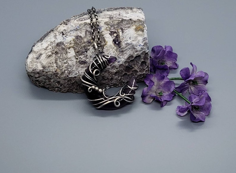 Amethyst Jewelry Gift Set Amethyst Crescent Moon Wire Wrapped Pendant in Antiqued Sterling Silver with Matching Sterling Amethyst Earrings