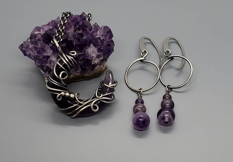 Amethyst Jewelry Gift Set Amethyst Crescent Moon Wire Wrapped Pendant in Antiqued Sterling Silver with Matching Sterling Amethyst Earrings