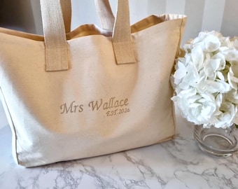 Personalised Ivory Cotton Canvas Tote Bag: Embroidered Bridal Gift