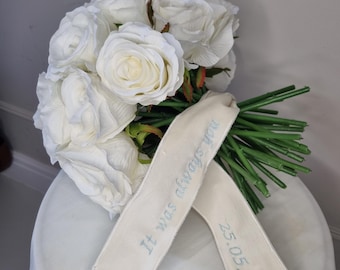 Wedding bouquet bespoke ribbon, personalised with embroidery. Wedding flowers bow, velvet ribbon keepsake. Something blue gift