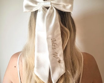 Embroidered Ivory Satin Bridal Hair Bow with Silver Clip