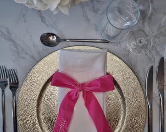 Embroidered velvet personalised bow place setting name wedding favour