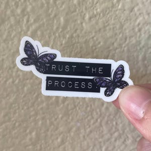May include: A white sticker with two purple butterflies and the text "TRUST THE PROCESS" in black.