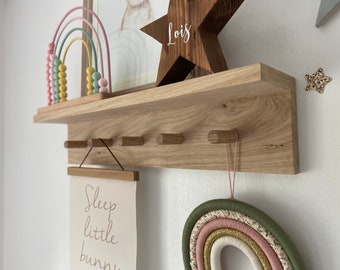 Handmade Solid Oak Peg Rail Shelf: Nursery Decor, Hanging Display