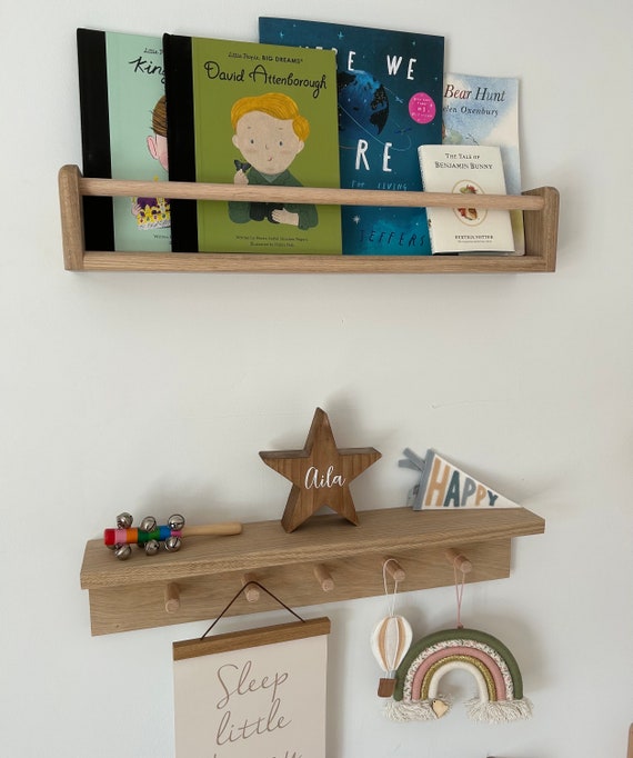 Solid Oak Shelf Set: Nursery Bookshelf & Peg Rail, Handmade