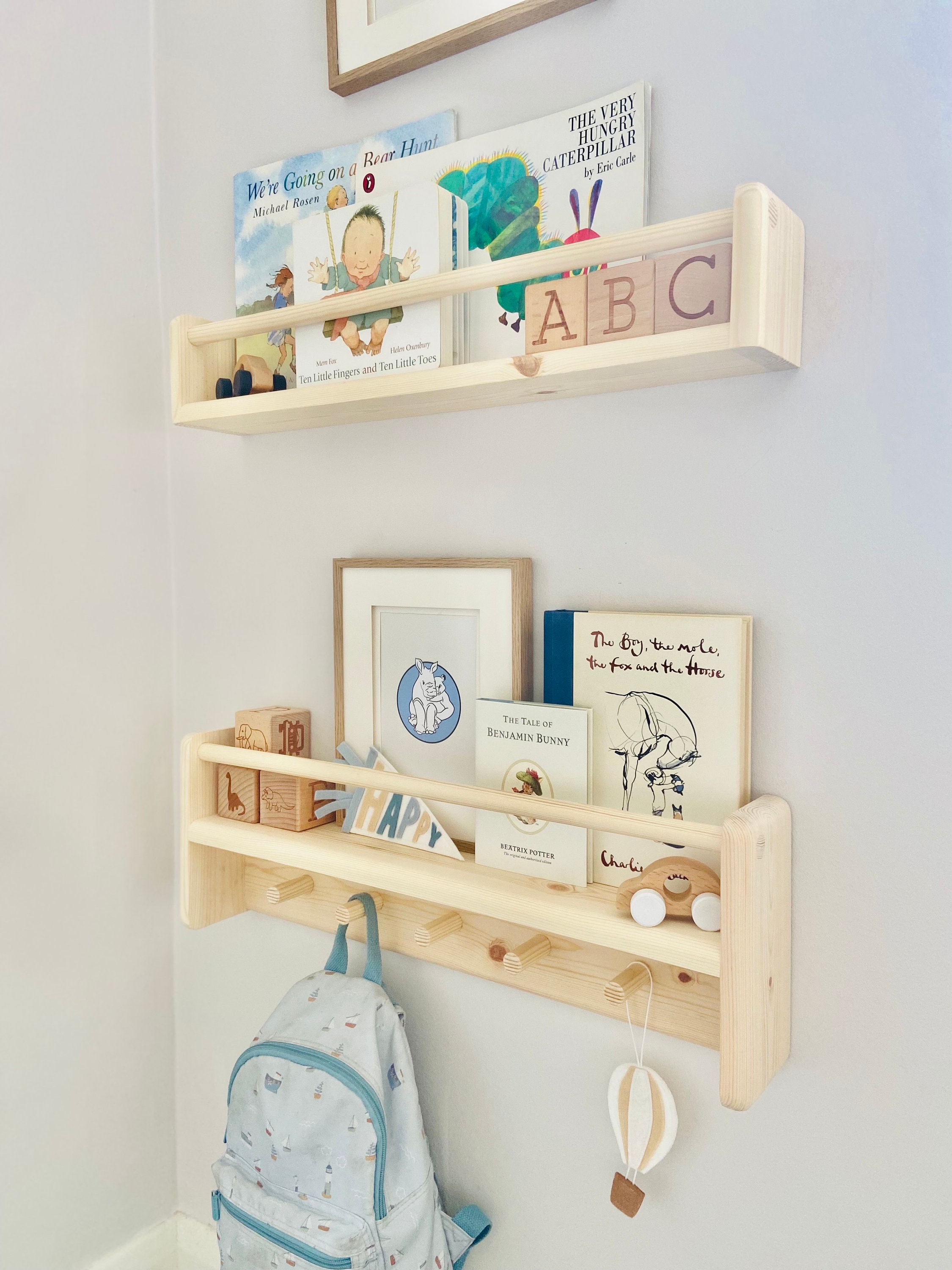 Handmade Nursery Shelf Set: Wooden Bookshelf & Peg Rail - Etsy
