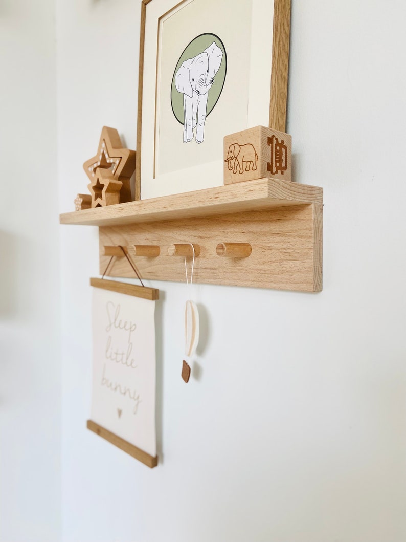 Solid Beech wood peg rail bookshelf nursery decor nursery bookshelf book display floating shelf Montessori shelf image 5