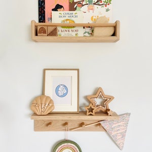 Solid Beech wood peg rail bookshelf nursery decor nursery bookshelf book display floating shelf Montessori shelf image 9