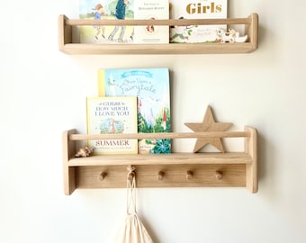 Handmade Solid Oak Nursery Shelves: Peg Bookshelf Set