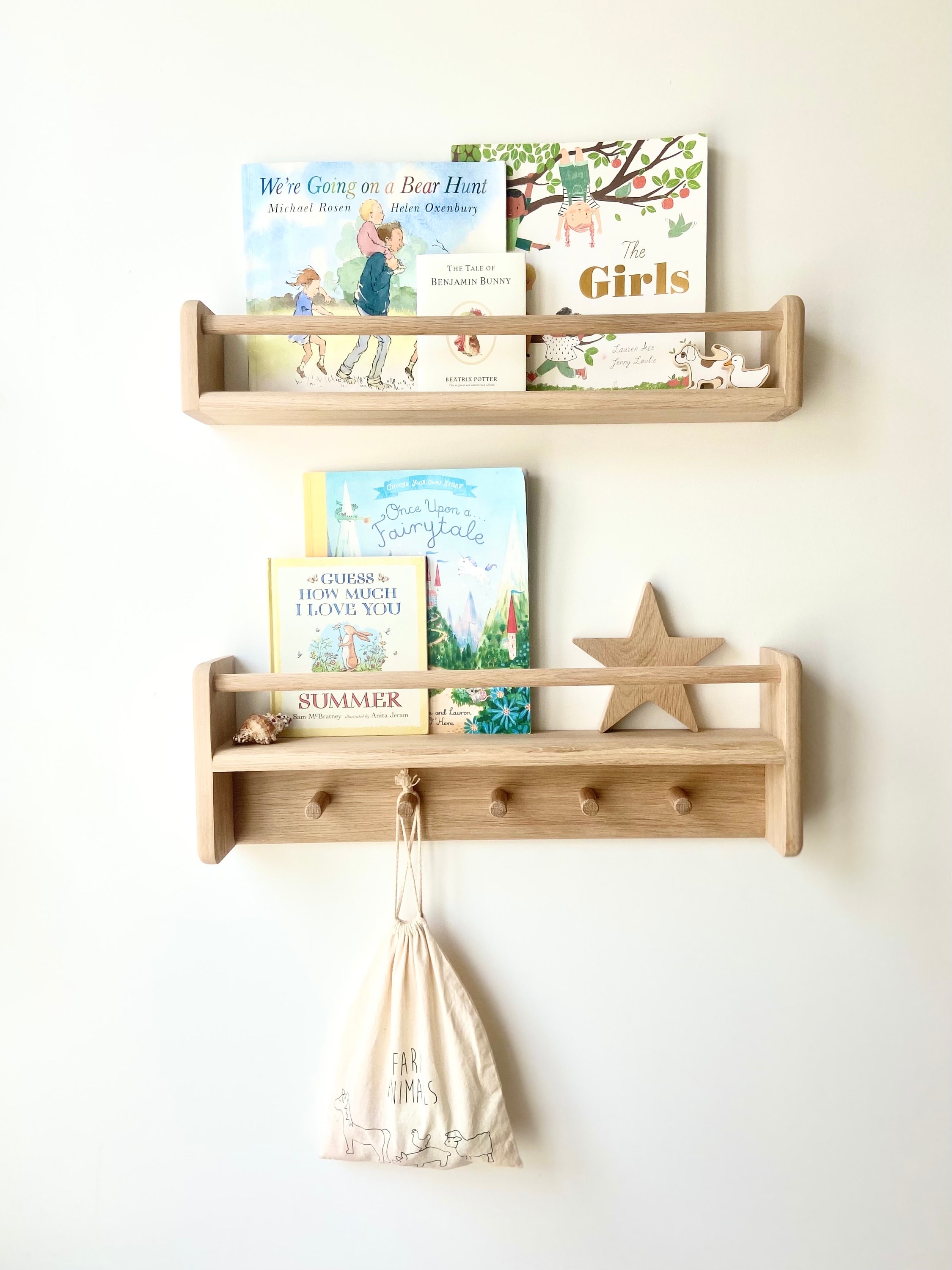 Set of two Solid oak shelves (bookshelf & peg bookshelf) - nursery decor | nursery shelves | bookshelf | book display | Montessori shelf