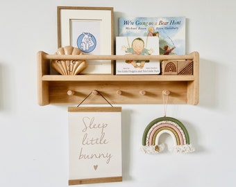 Handmade Beech Wood Peg Shelf: Nursery Book Display