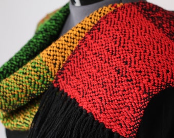Red-Black-Green-Gold, Hand spun, Handwoven, Merino Wool